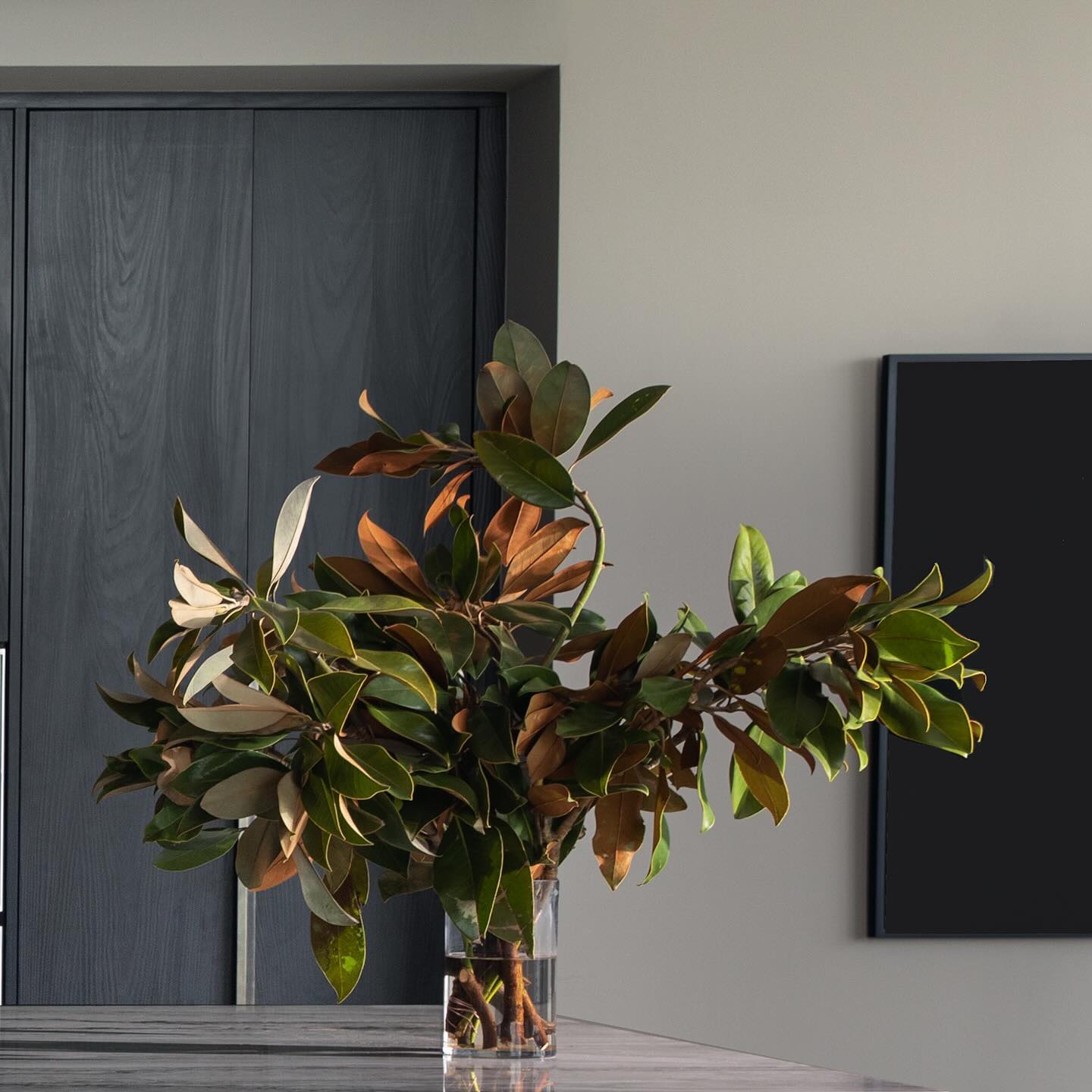 Magnolia branches in a glass vase on a stone counter against dark cabinetry