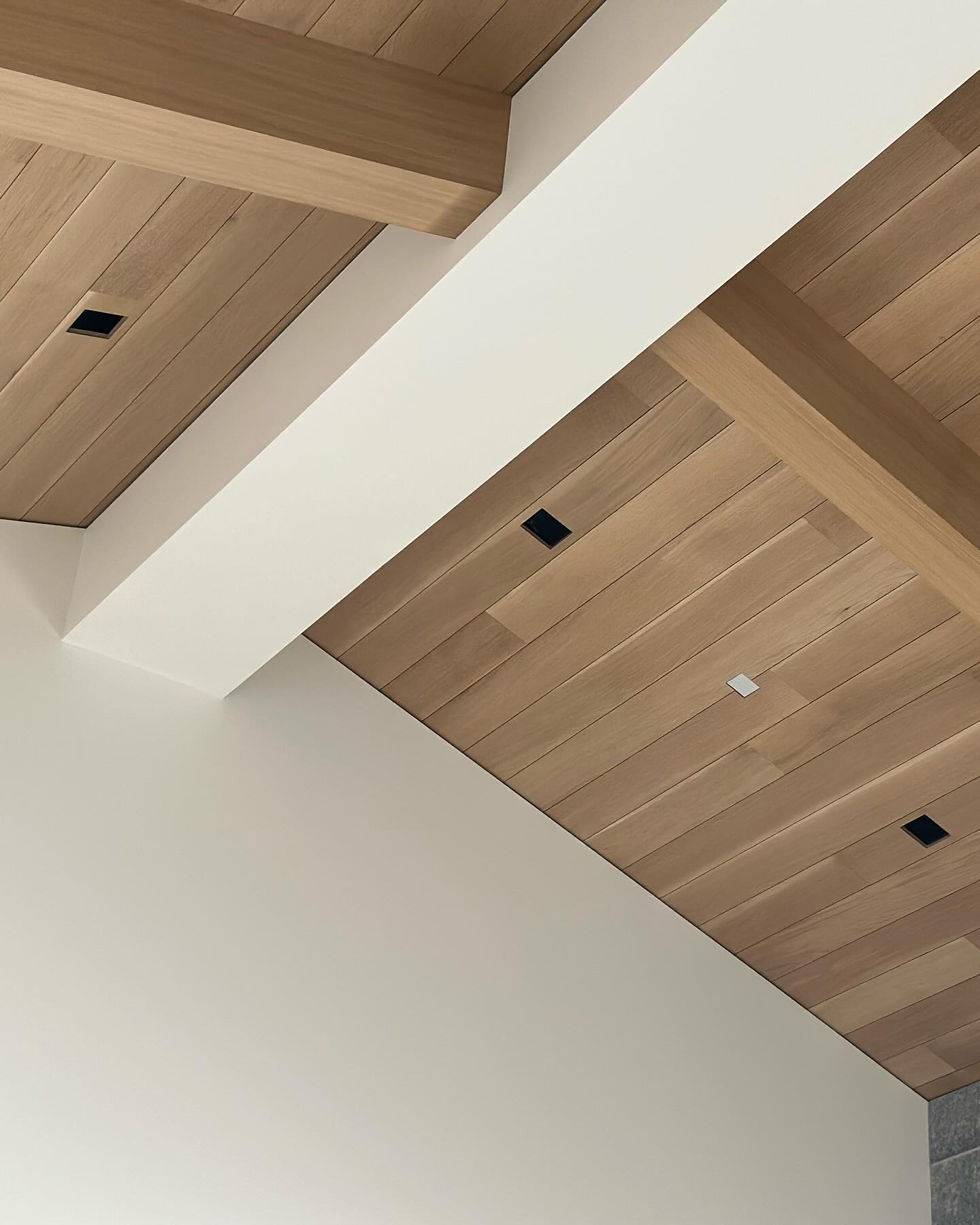 White oak plank ceiling seen from below, boards converging in warm afternoon light